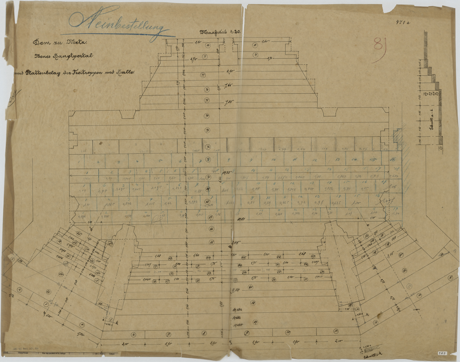 Grand Portail, plan des escaliers et du dallage du porche.