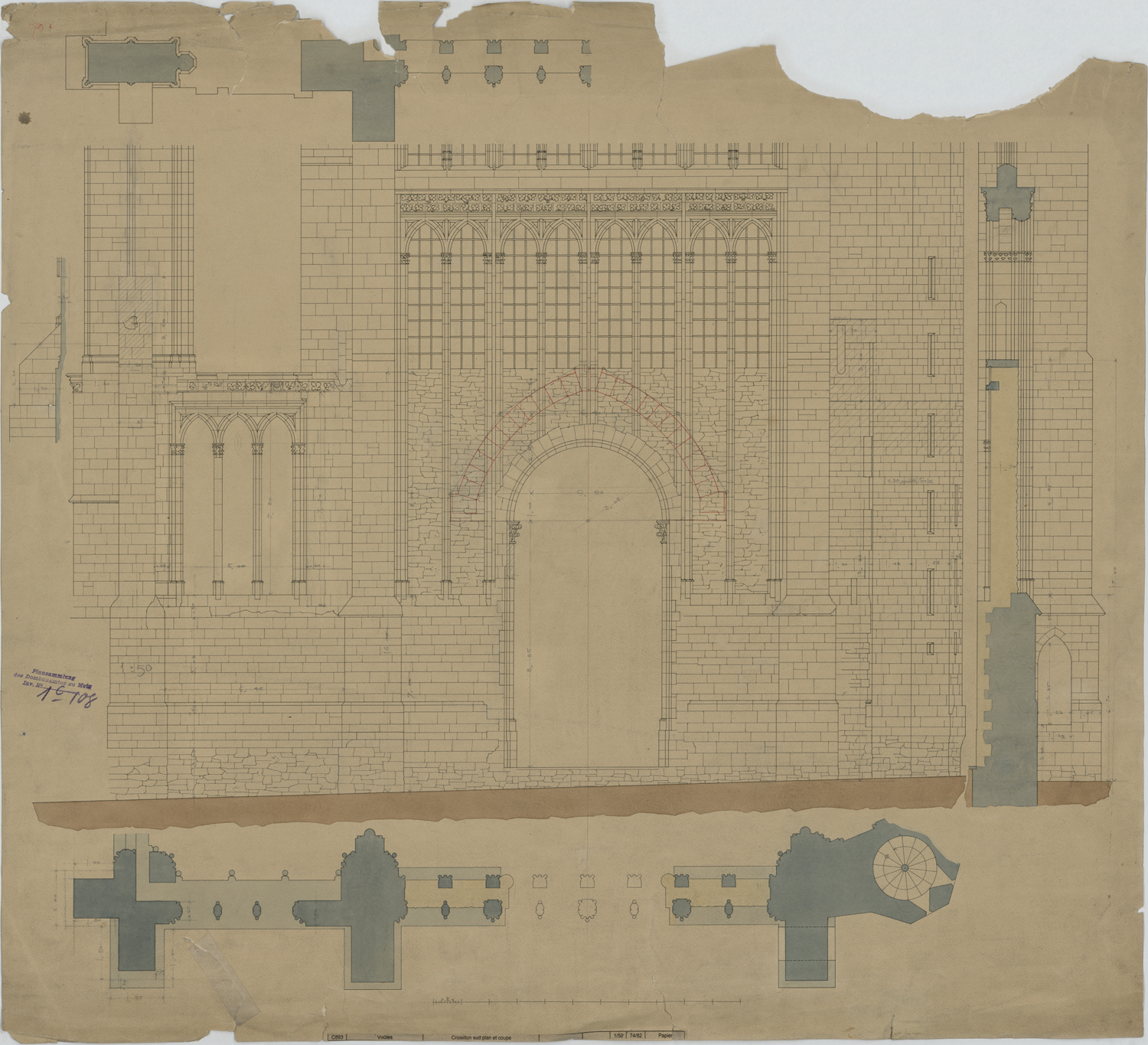 Grand Portail, plan, coupe et élévation des lancettes supérieures.