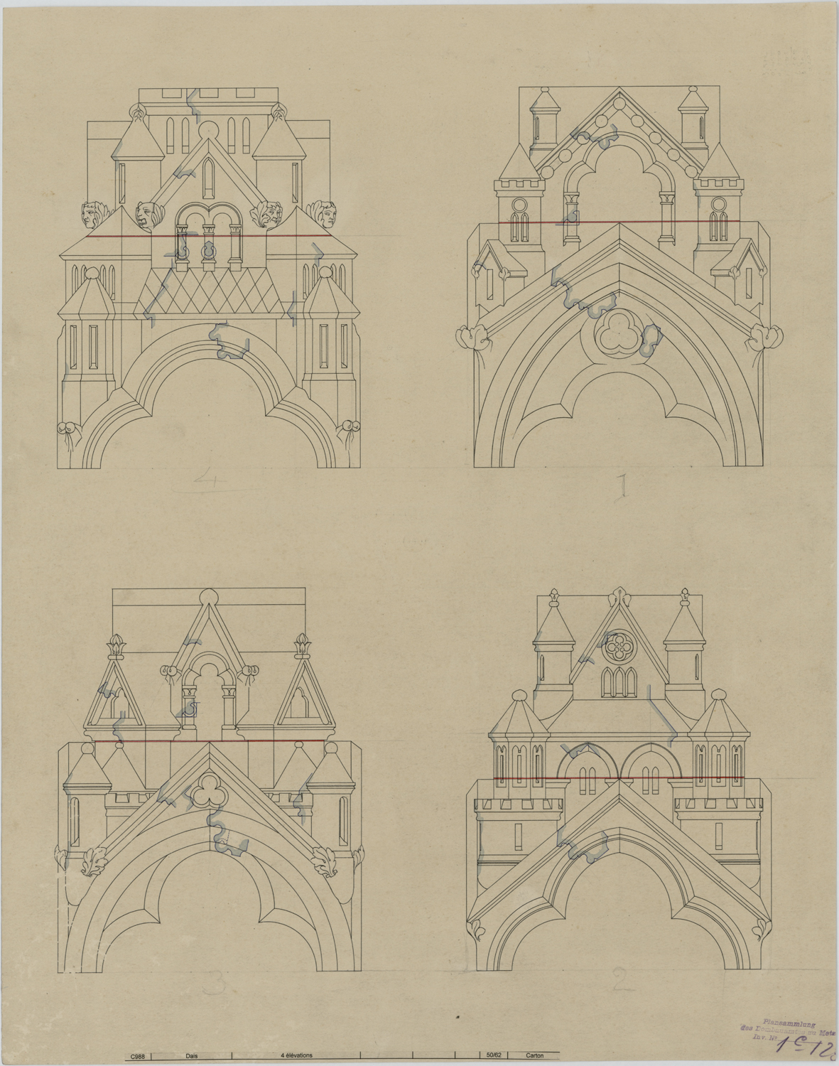 Portail principal, élévations de dais architecturaux et profils de modénatures.