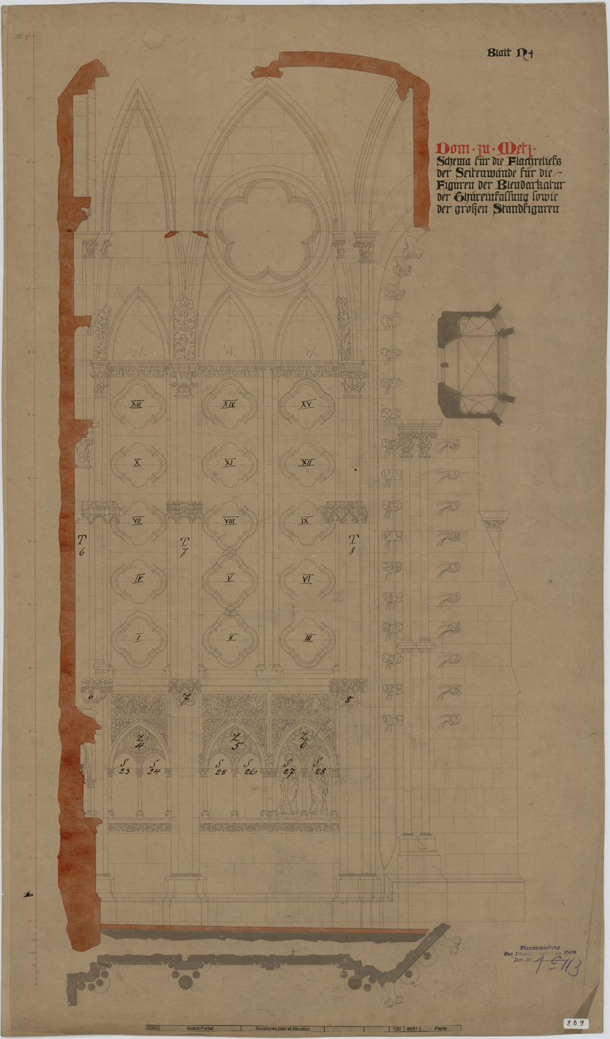 Portail principal, plan de masse, élévation de l’ébrasement sud et coupe longitudinale.