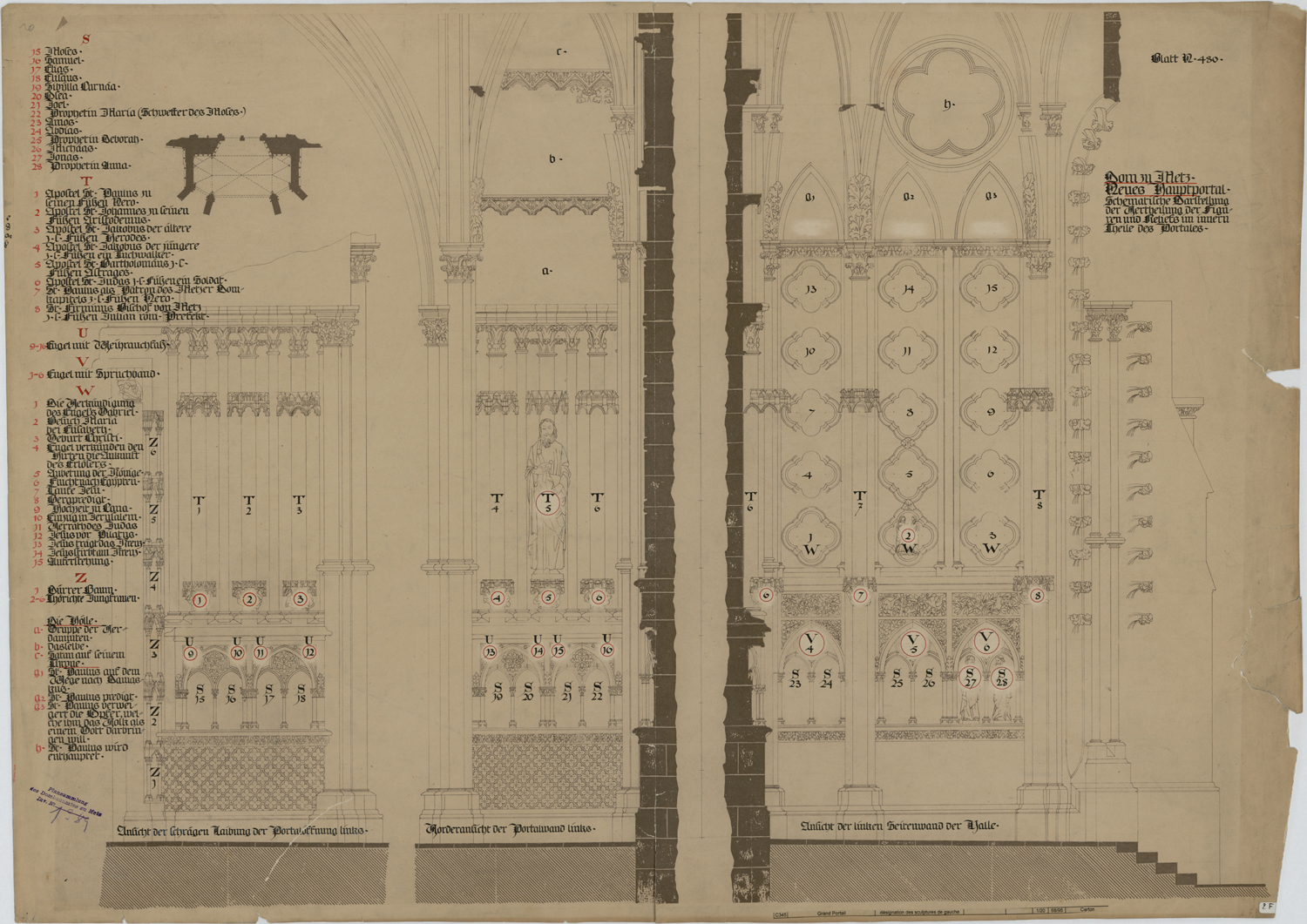 Portail principal, plan de masse, élévations de l’ébrasement sud et coupes longitudinales.