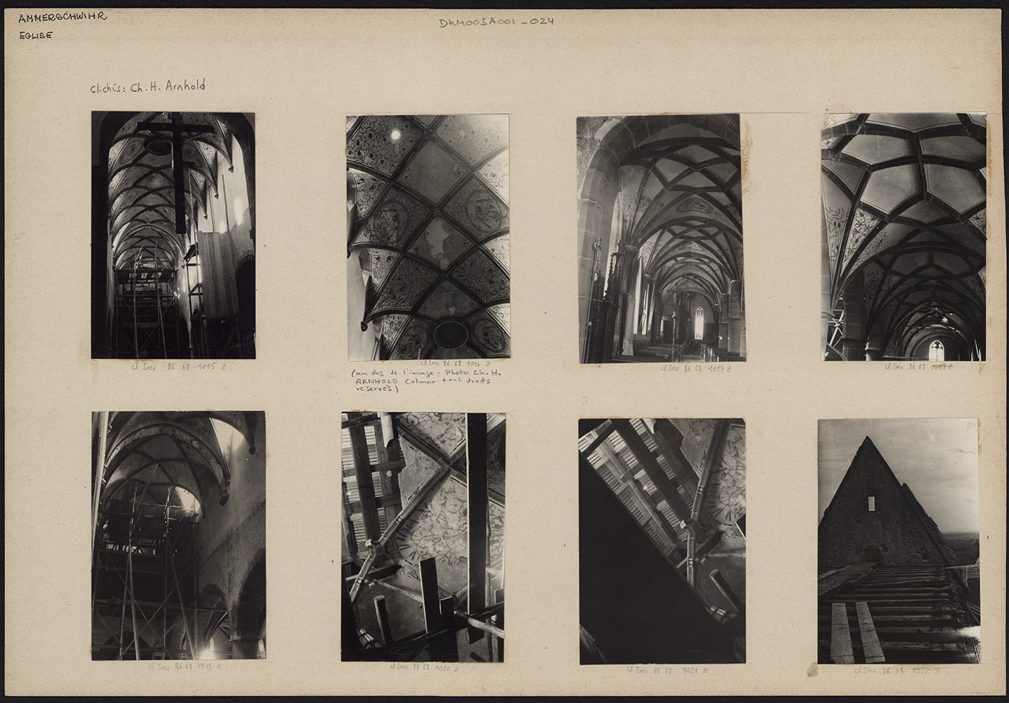 Dommages de guerre, vues de détail de la charpente, des voûtes du collatéral sud et de la nef.