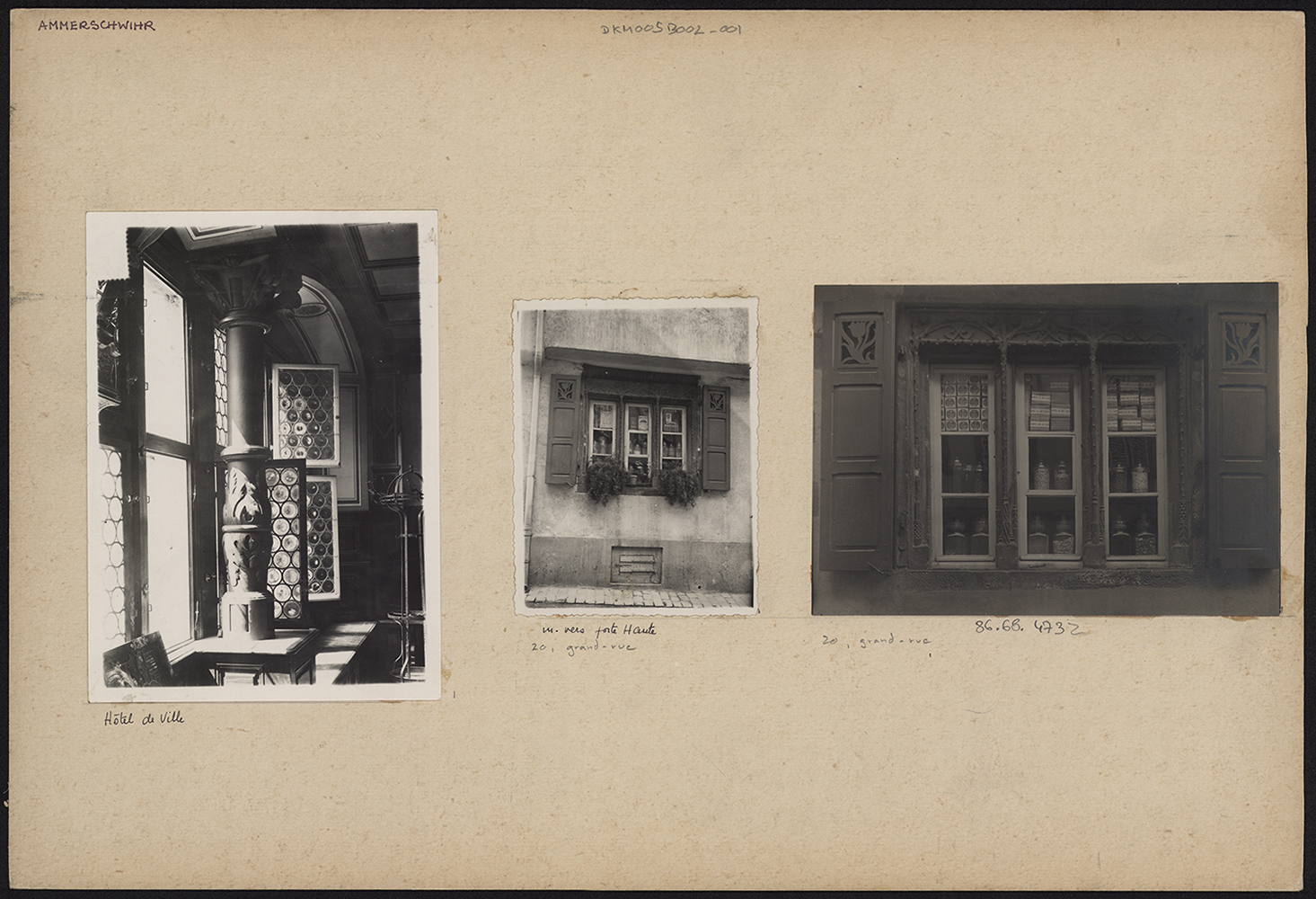 Vues d’ensemble de la fenêtre de la maison sise 20 Grand’Rue, vue intérieure de la salle du premier étage de l’hôtel de ville.