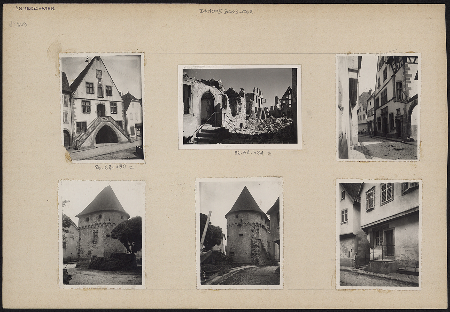 Vues d’ensemble de la Halle aux blés avant et après destruction ; vues d’ensemble de l’ancien hôtel de ville, de la tour et d’une maison.