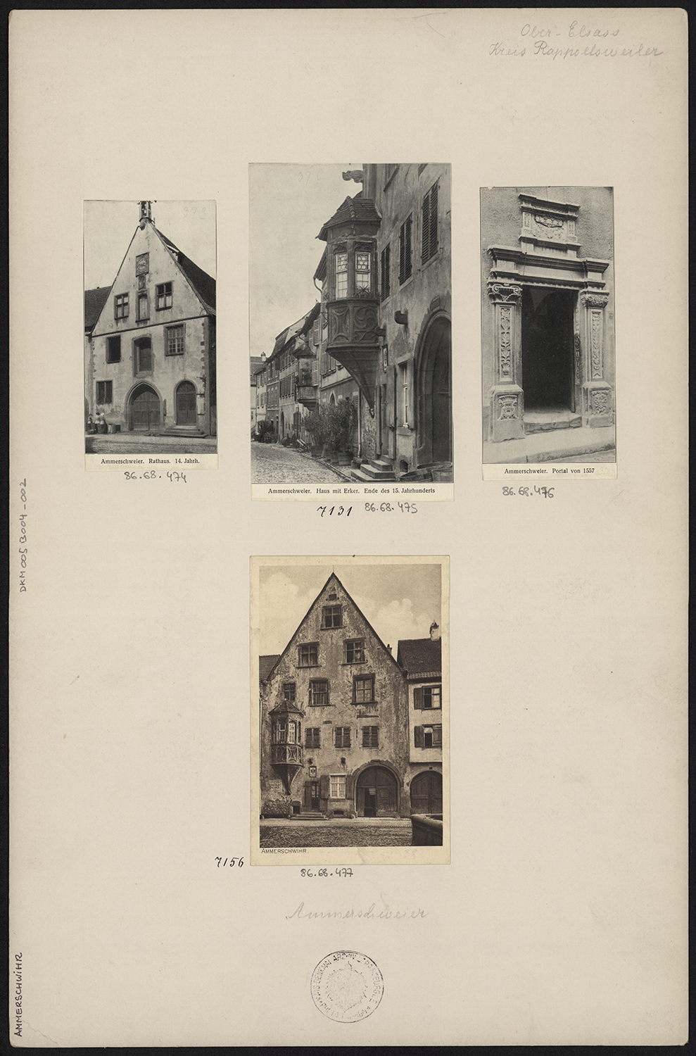 Vues d’ensemble de la Halle aux blés et d’une maison voisine, vue de détail de la porte de la tour d’escalier de l’ancien hôtel de ville.