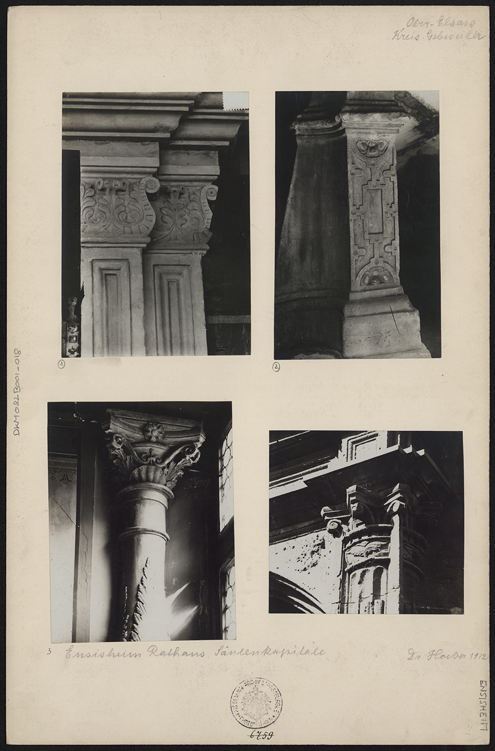 Vues de détails de pilastres et de colonnes sculptés.