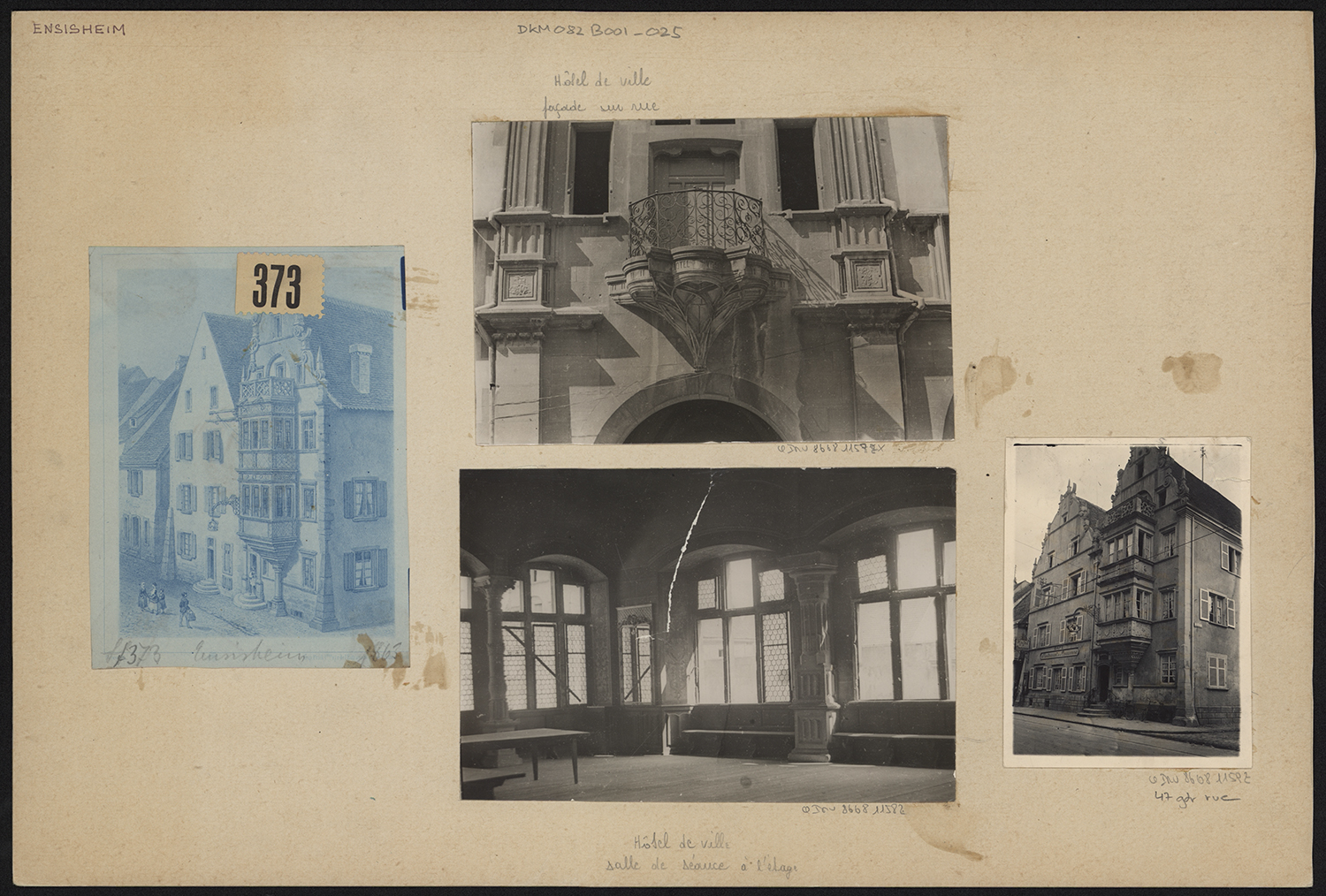 Vues d’ensemble de la façade sur rue de l’Hôtel de la Couronne ; vue de détail du balcon sur la façade sud et vue intérieure de l’ancienne salle des séances de l’hôtel de ville.