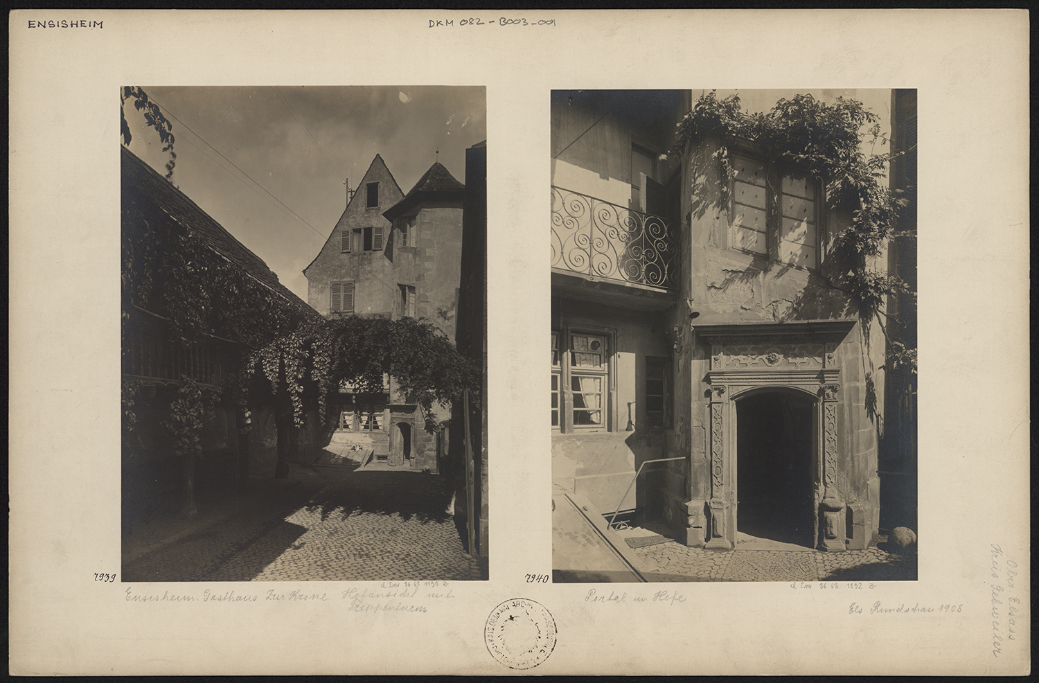 Vue d’ensemble de la façade sur cour et vue de détail de la porte de la tourelle d’escalier.