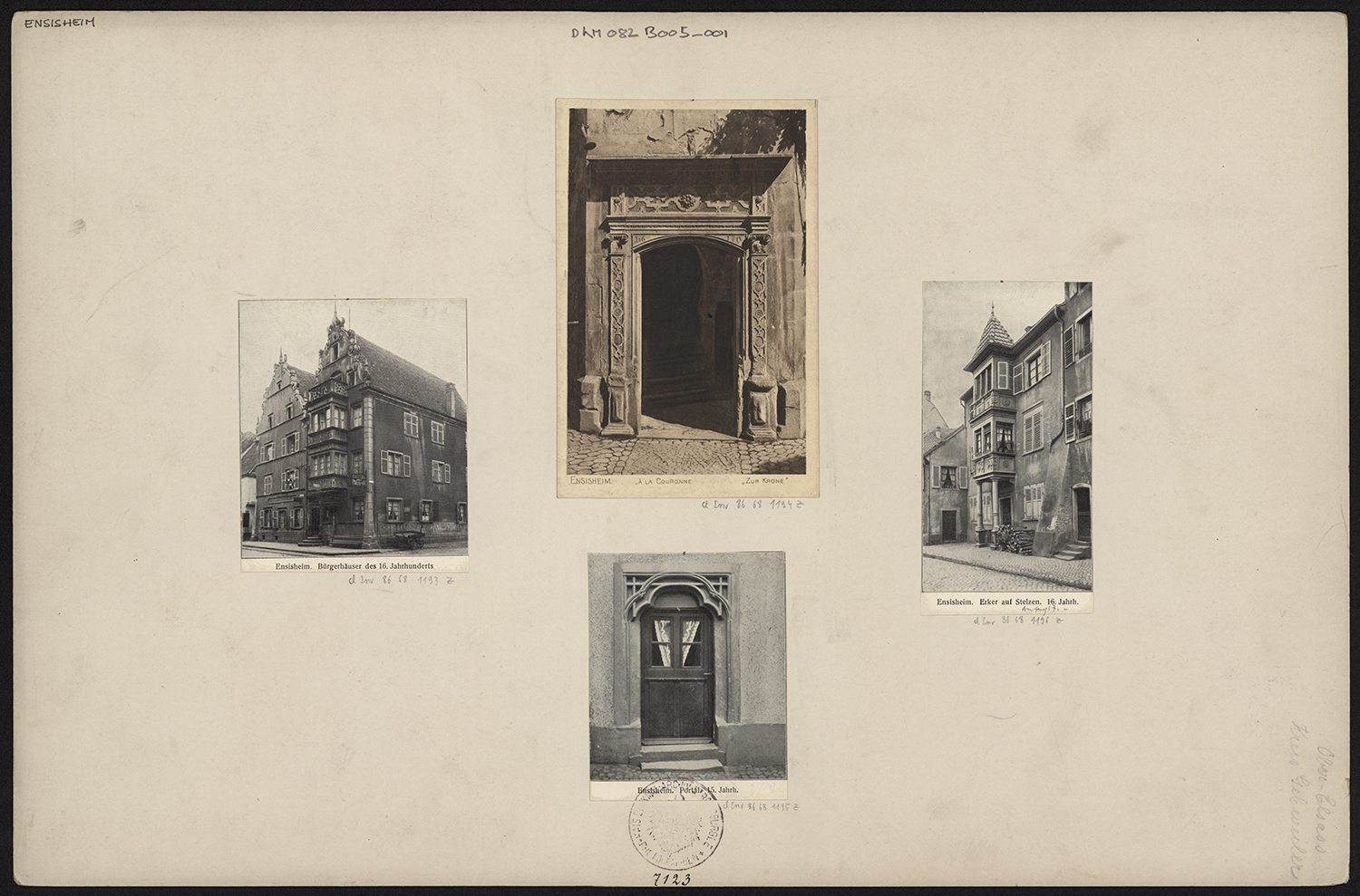 Vues d’ensemble de la façade sur rue de l’Hôtel de la Couronne et de la maison dite maison Peschery ; vues de détails de la porte de la tourelle d’escalier de l’Hôtel de la Couronne et de la porte d’entrée d’une maison.