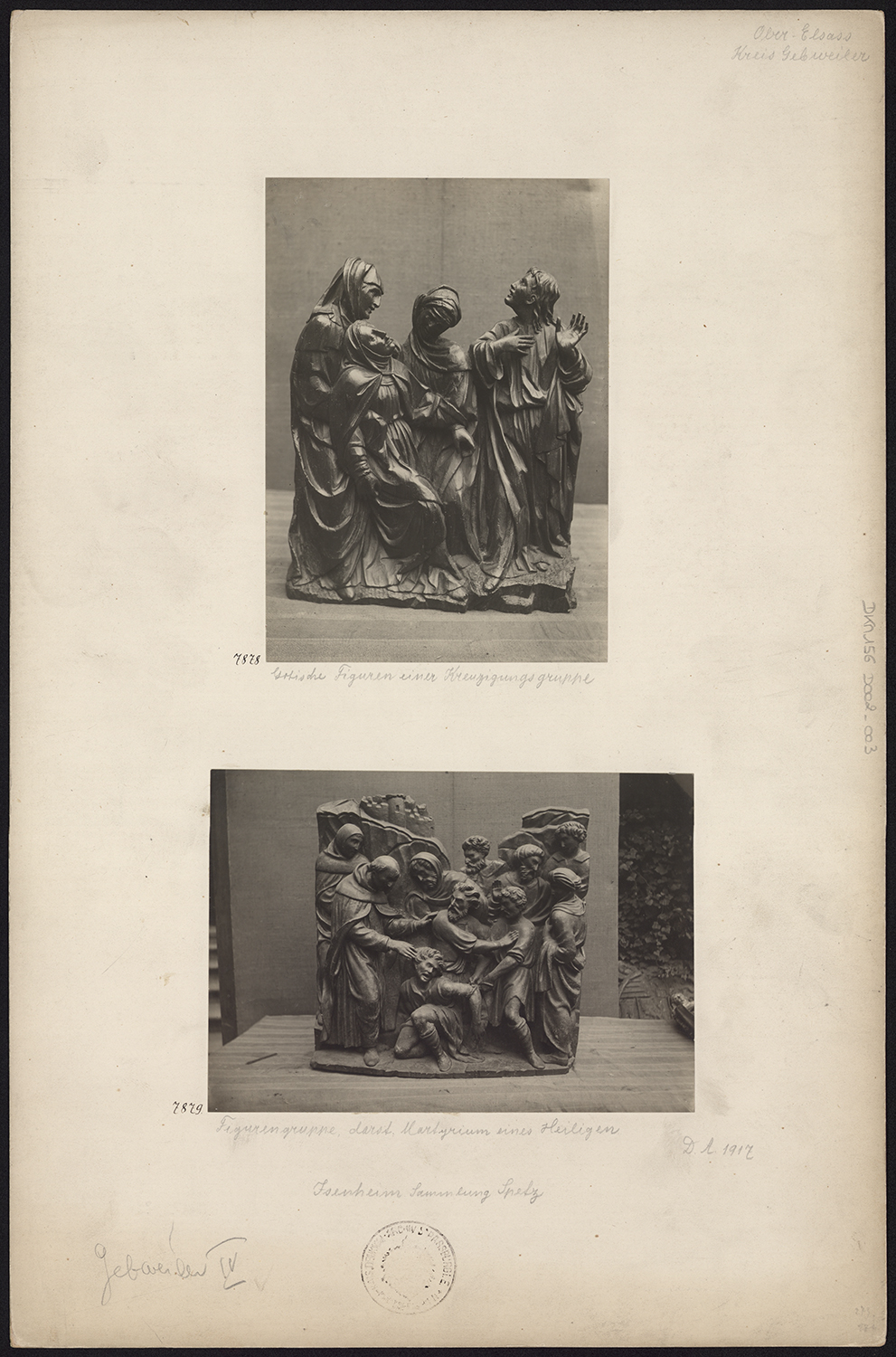 Vues d’ensemble d’un groupe sculpté représentant la Crucifixion et le martyre d’un saint.