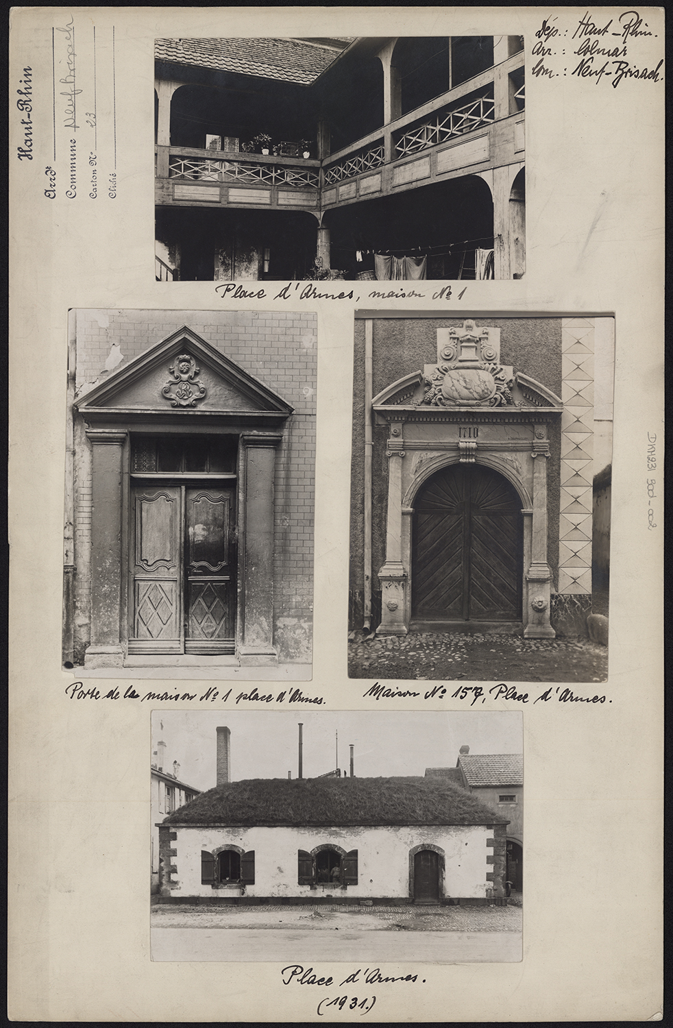 Vue d’ensemble de la façade sur rue de la poudrière ; vue de détail de la façade sur cour et d’une porte de la maison Grünwasser ; vue de détail de la porte de la maison des Lieutenants du Roi.