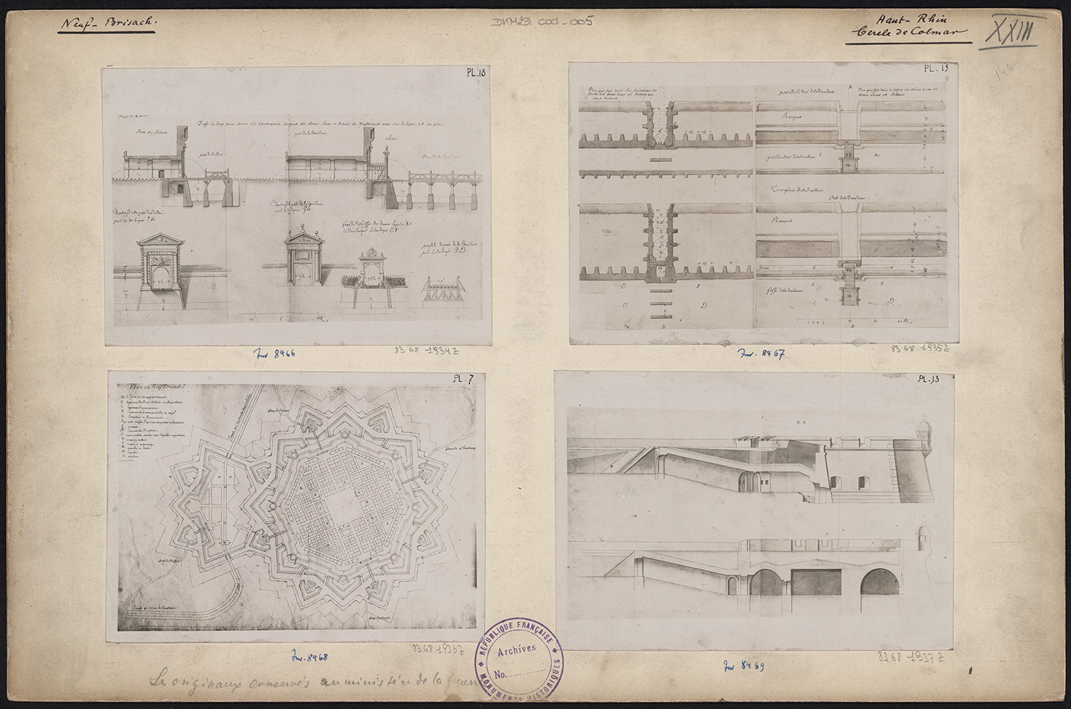 Plan de masse de la ville et des portes, élévations et coupes pour la construction d’un pont dormant et d’une partie du rempart.