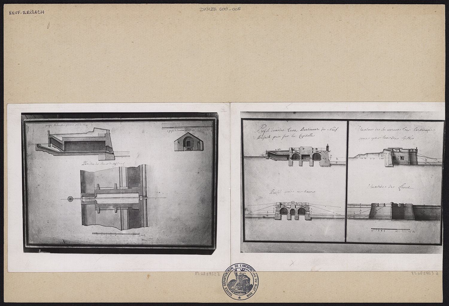 Plans de masse, élévations et coupes d’une poterne et d’une tour bastionnée.