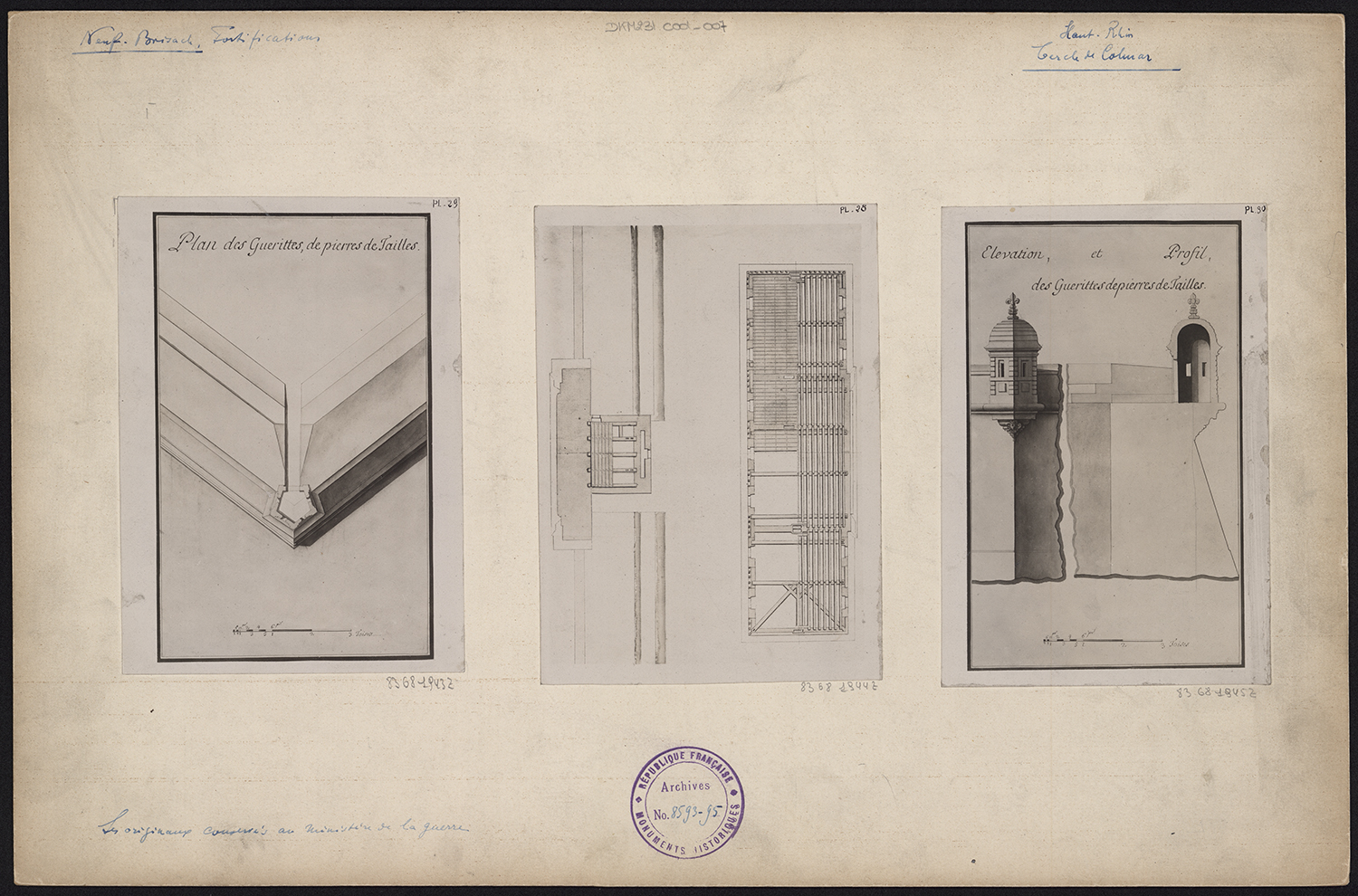 Plans de masse, élévation et coupe d’une guérite.