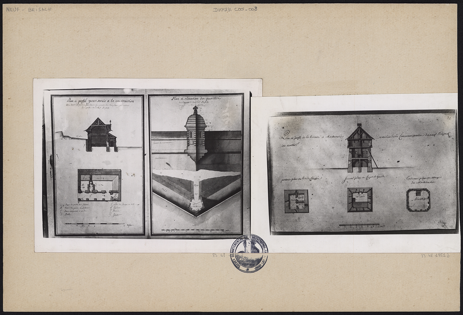 Plans de masse, élévations et coupe d’un corps de garde, d’une guérite et d’une redoute à mâchicoulis.