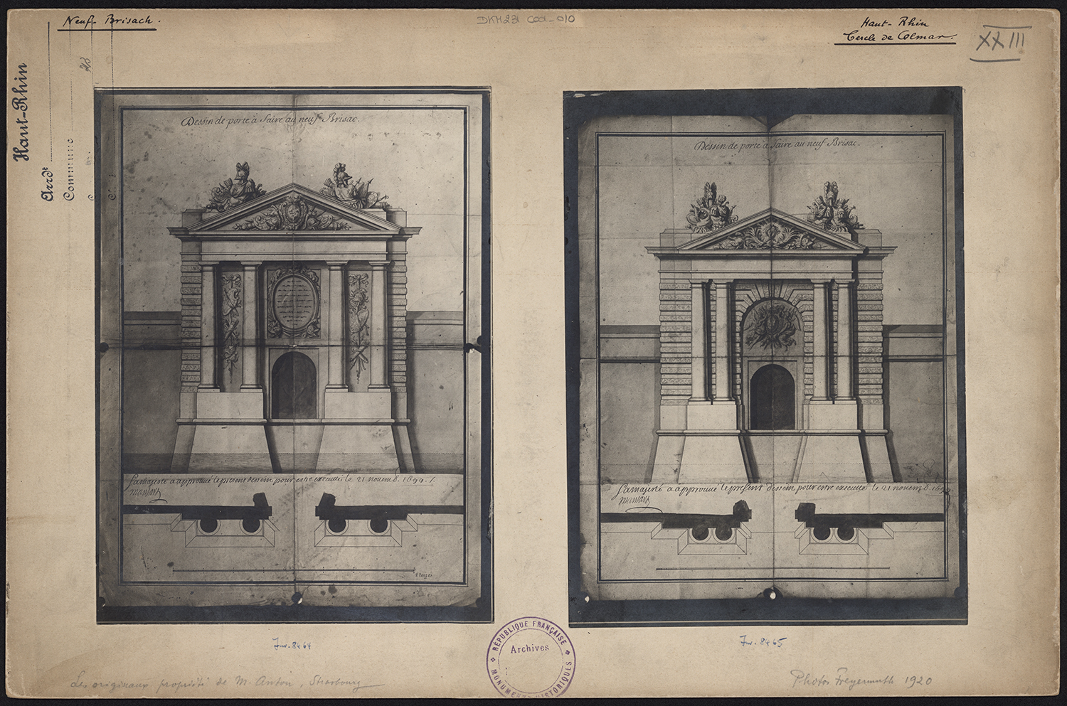 Plans de masse et élévations de deux portes de ville.