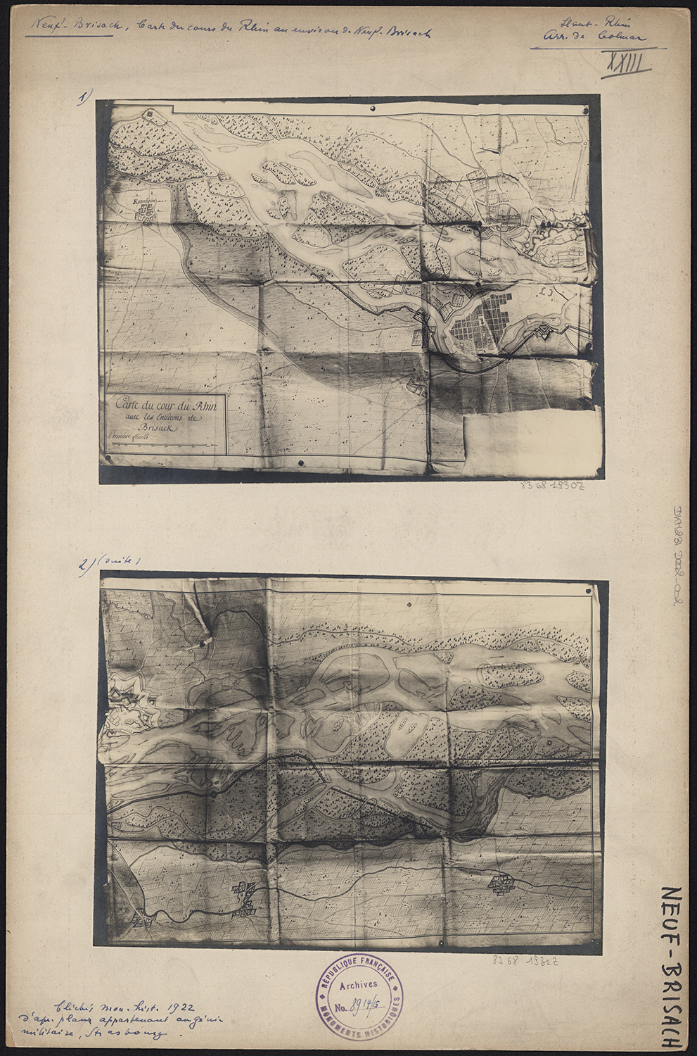 Cartes du cours du Rhin aux environs de Neuf-Brisach.