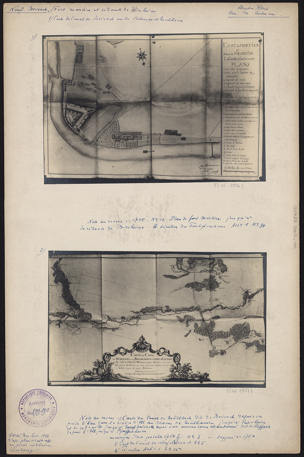 Plan d’ensemble du Fort Mortier jusqu’à la redoute de Biesheim en 1745 et carte du canal de Neuf-Brisach.