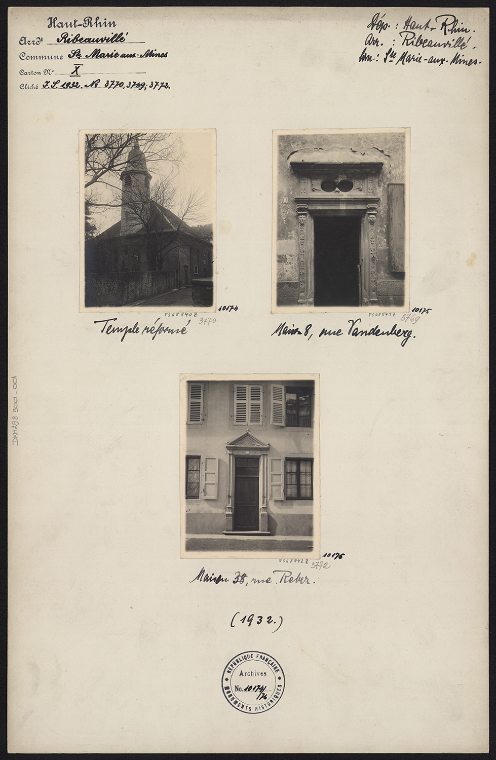 Vue de la façade et du clocher depuis le sud-ouest ; vues de détails de portes de maisons.