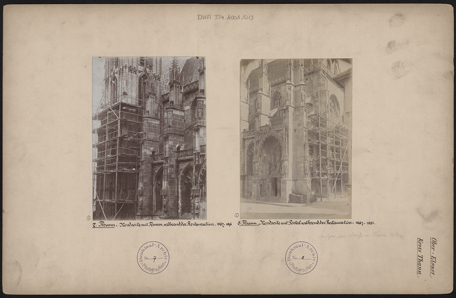 Vues d’ensemble et de détail de la tour nord et du portail occidental pendant les travaux de restauration (1887-1891).