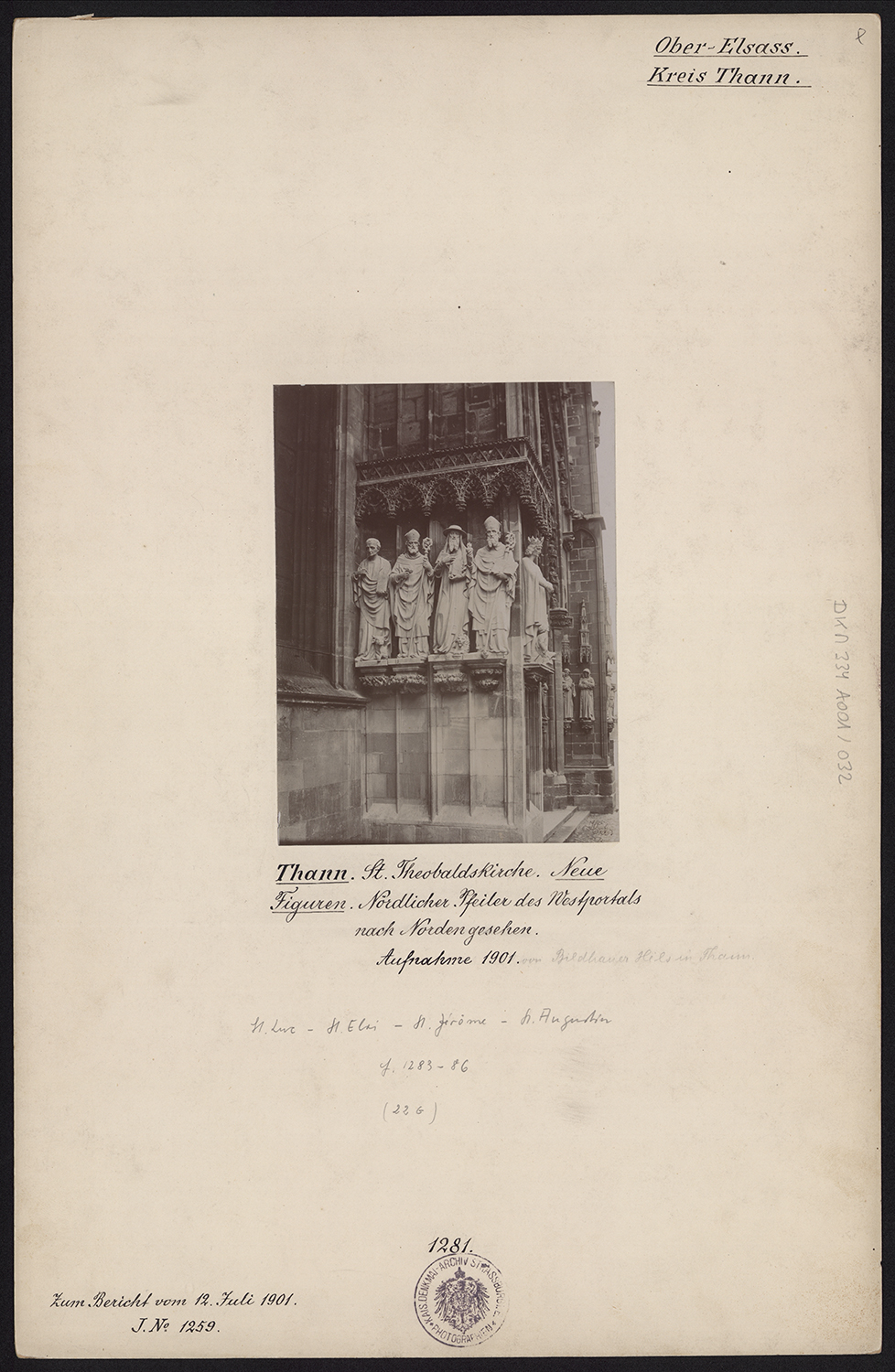 Vue d’ensemble des statues du contrefort nord de la façade occidentale (côté nord : saint Luc, saint Eloi, saint Jérôme, saint Augustin d'Hippone).