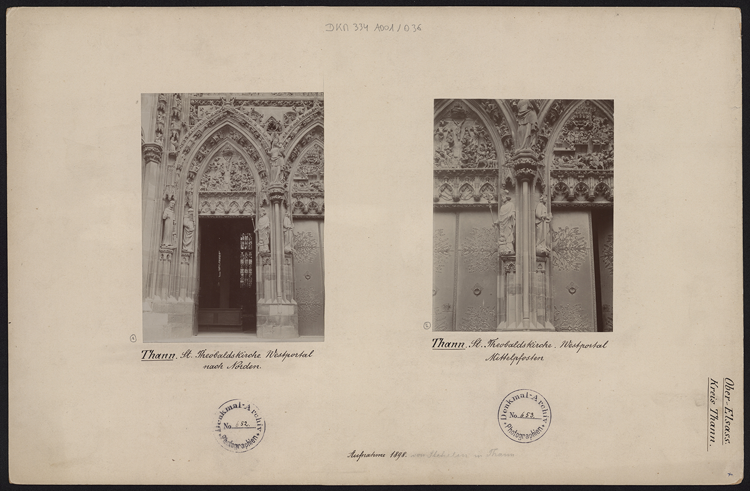 Vues d’ensemble des statues de saint Léonard, saint Amarin (piédroit nord), saint Thiébaut et sainte Catherine (trumeau).