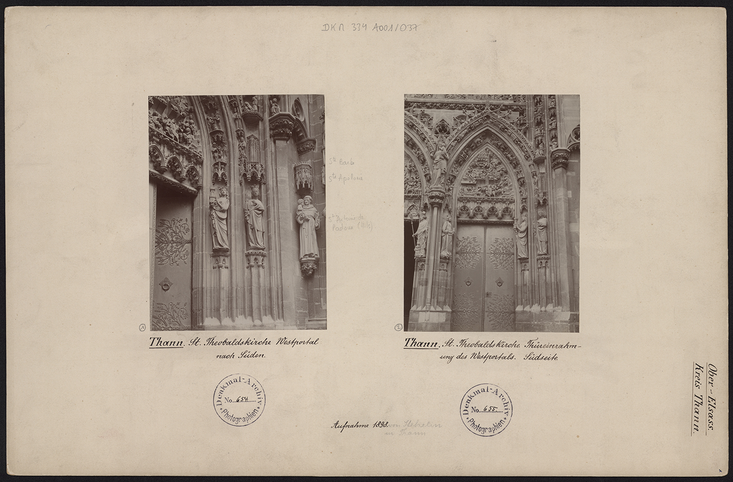 Vues d’ensemble des statues de saint Thiébaut, sainte Catherine (trumeau), sainte Barbe, sainte Apollonie (piédroit sud) et de saint Antoine de Padoue (contrefort sud).