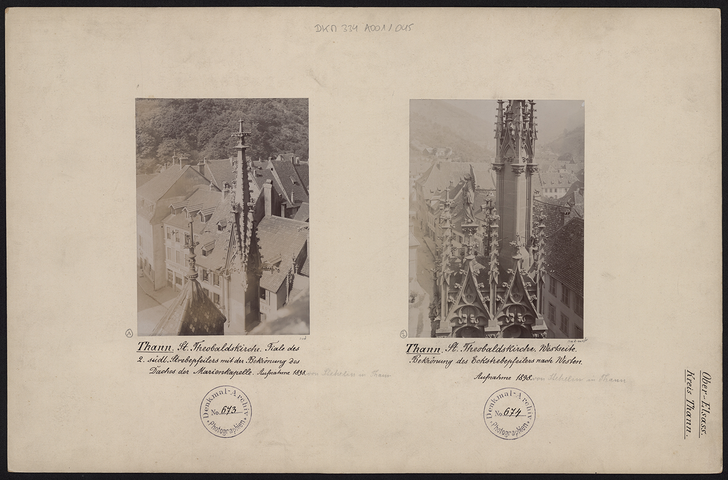 Vue d’ensemble et de détail du pinacle du deuxième contrefort sud et vue de détail du contrefort d'angle nord sur la façade occidentale.