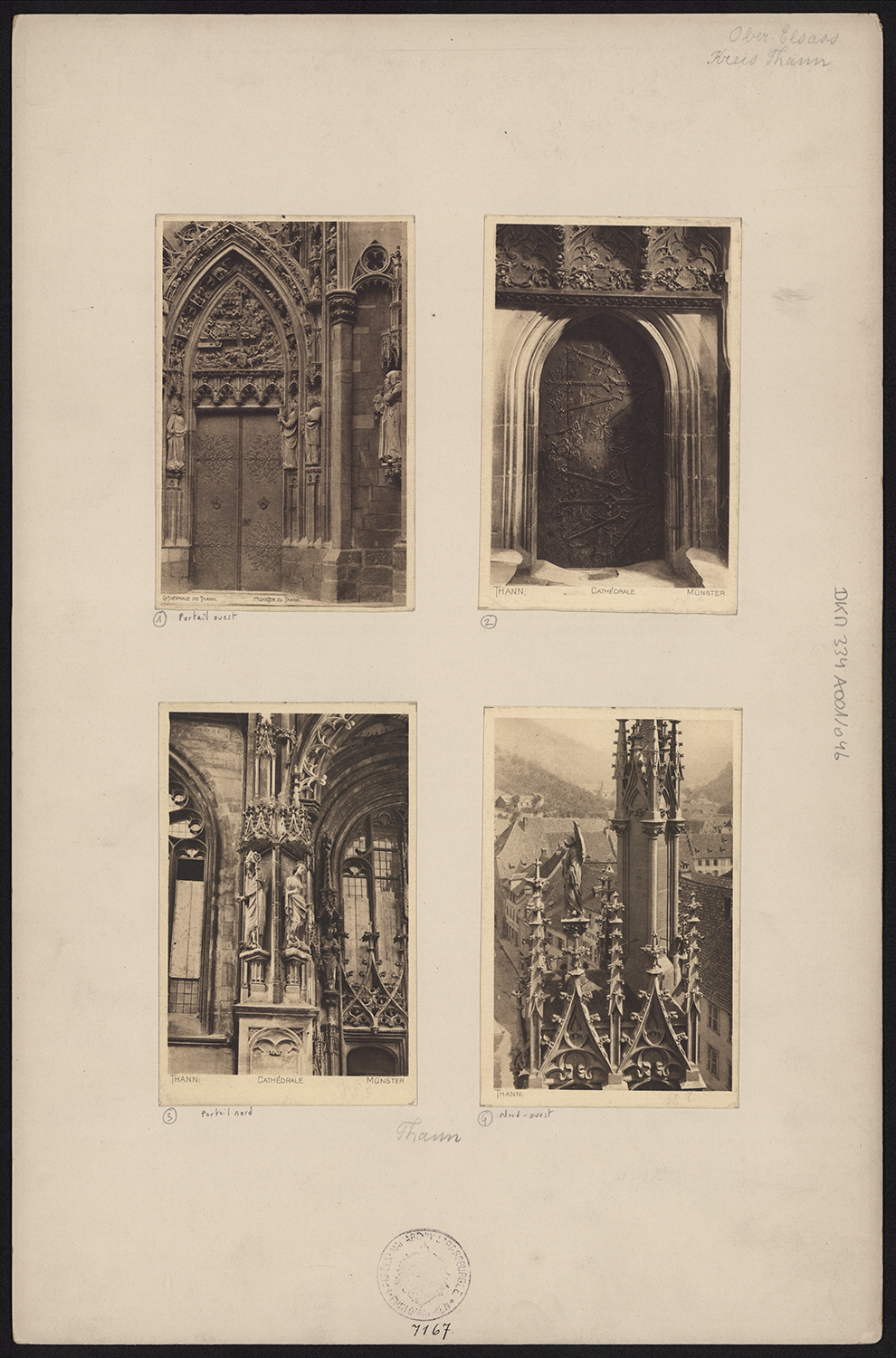 Vues d’ensemble du portail occidental et de la porte de la sacristie : vues de détails du portail nord et du couronnement du contrefort d’angle nord de la façade occidentale.