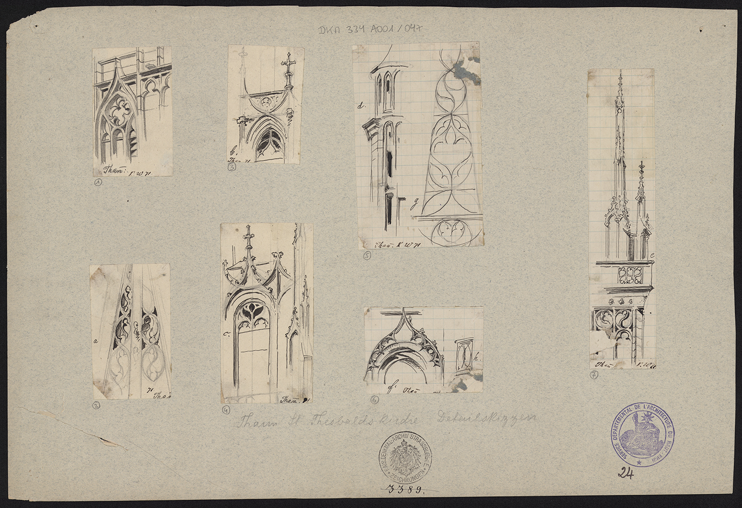 Croquis de détails architecturaux (baies, tour, pinacles…).