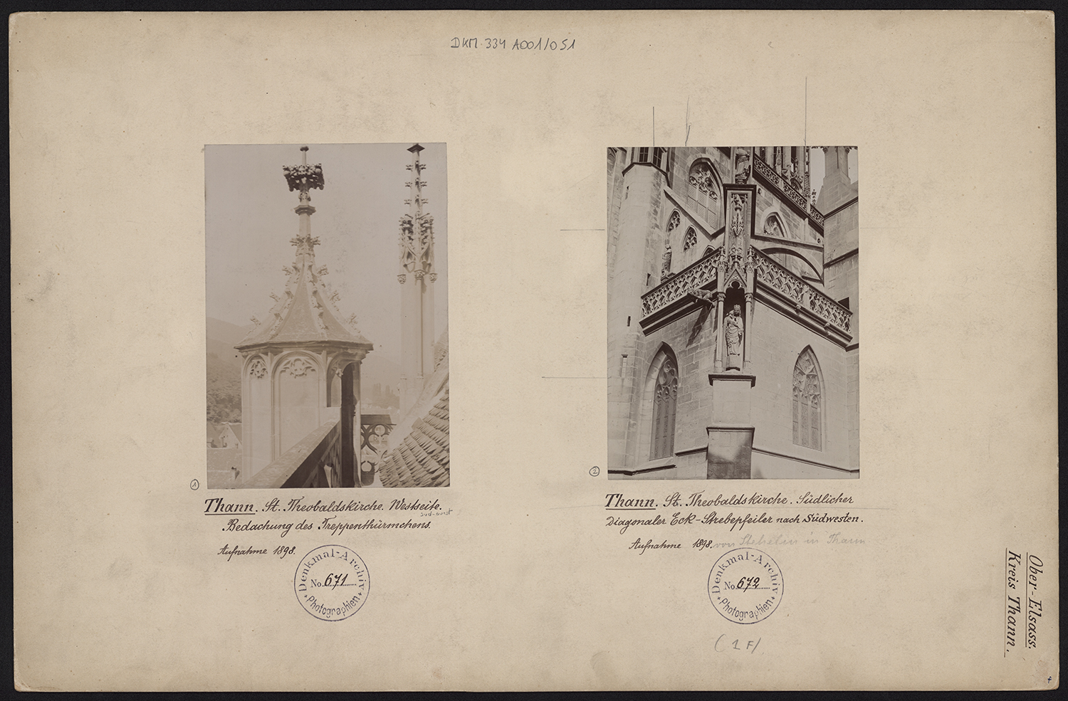 Vues d’ensemble du couronnement de la tourelle d’escalier et de la statue de la Vierge à l’Enfant située sur le contrefort d’angle sud.