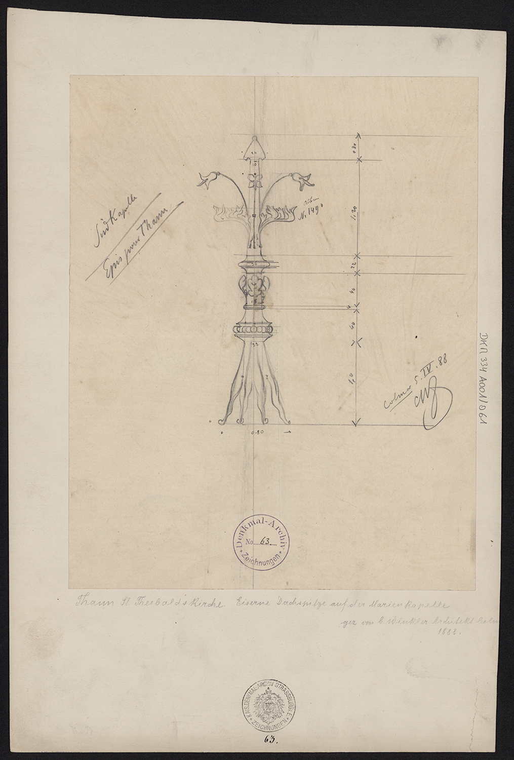 Relevé du bouquet faîtier de la toiture de la chapelle de la Vierge.