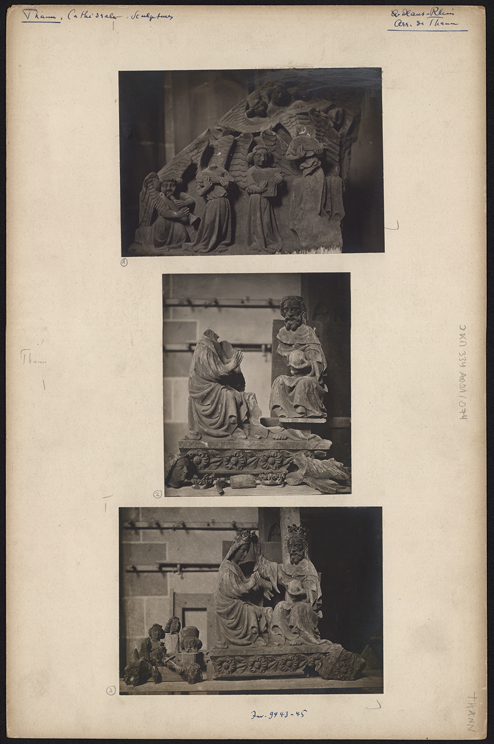 Vues d’ensemble de la statue du Couronnement de la Vierge avant et après restauration et du registre supérieur du tympan de la Vie de la Vierge.