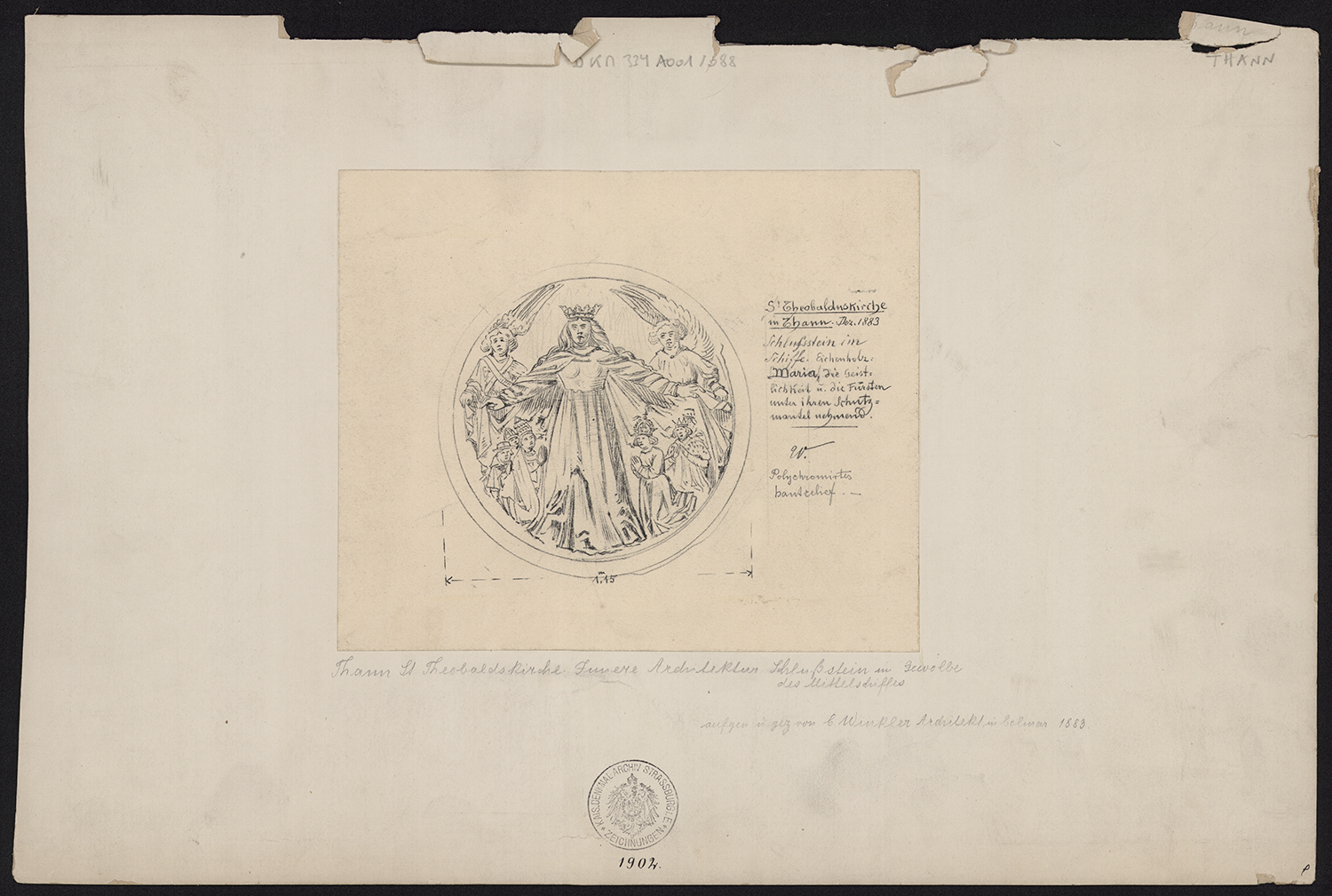 Relevé de la clé de voûte B du vaisseau central de la nef représentant la Vierge de Miséricorde.