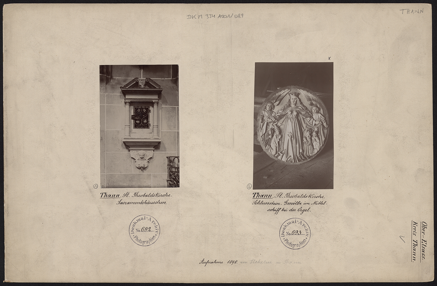 Vues d’ensemble du tabernacle et de la clé de voûte B du vaisseau central de la nef représentant la Vierge de Miséricorde.