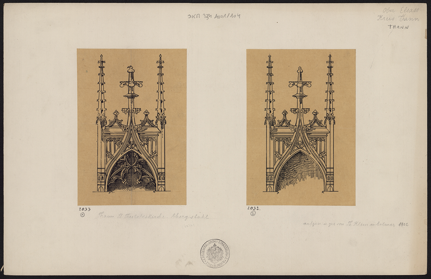 Projet pour la restauration de la partie supérieure des stalles hautes, deux variantes.