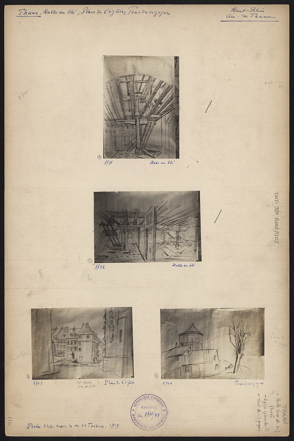 Croquis de l’intérieur de l’ancienne halle aux blés, de la place de l’Église et de la tour des cigognes.