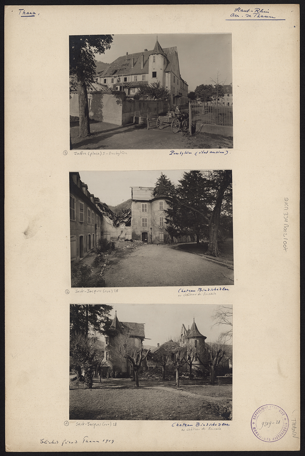 Dommages de guerre, vues d’ensemble du presbytère avant les bombardements et du château de Reinach après les bombardements.