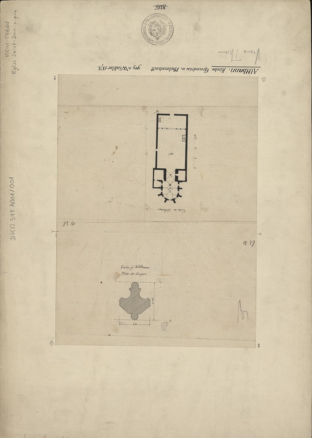 Plan de masse et section d’un pilier de la galerie.
