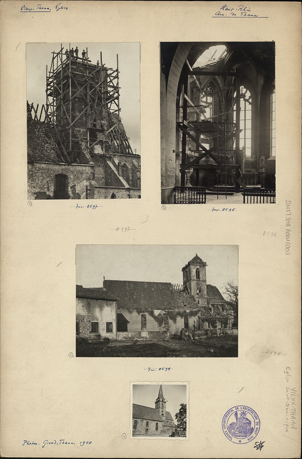 Dommages de guerre, vues d’ensemble avant, pendant et après les restaurations.