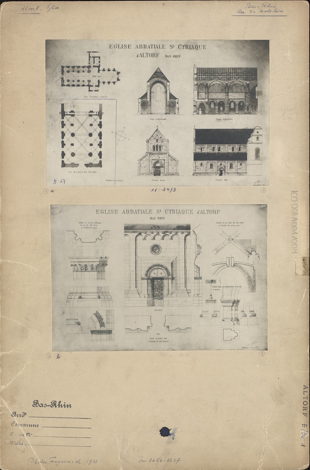 Plans de masse, élévation des façades ouest et sud, coupes longitudinale et transversale, détails du portail sud et des piles de la nef.