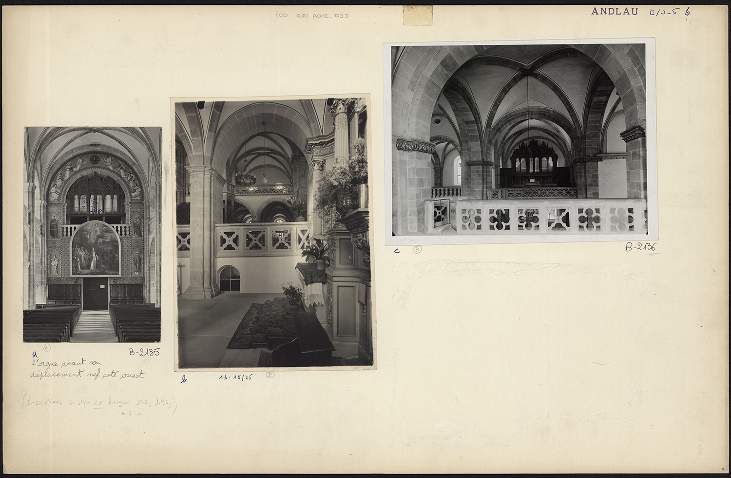 Vue d’ensemble de la tribune d’orgue avant son déplacement du côté ouest de la nef, vues de détail depuis la chapelle secondaire sud et de la tribune d’orgue.