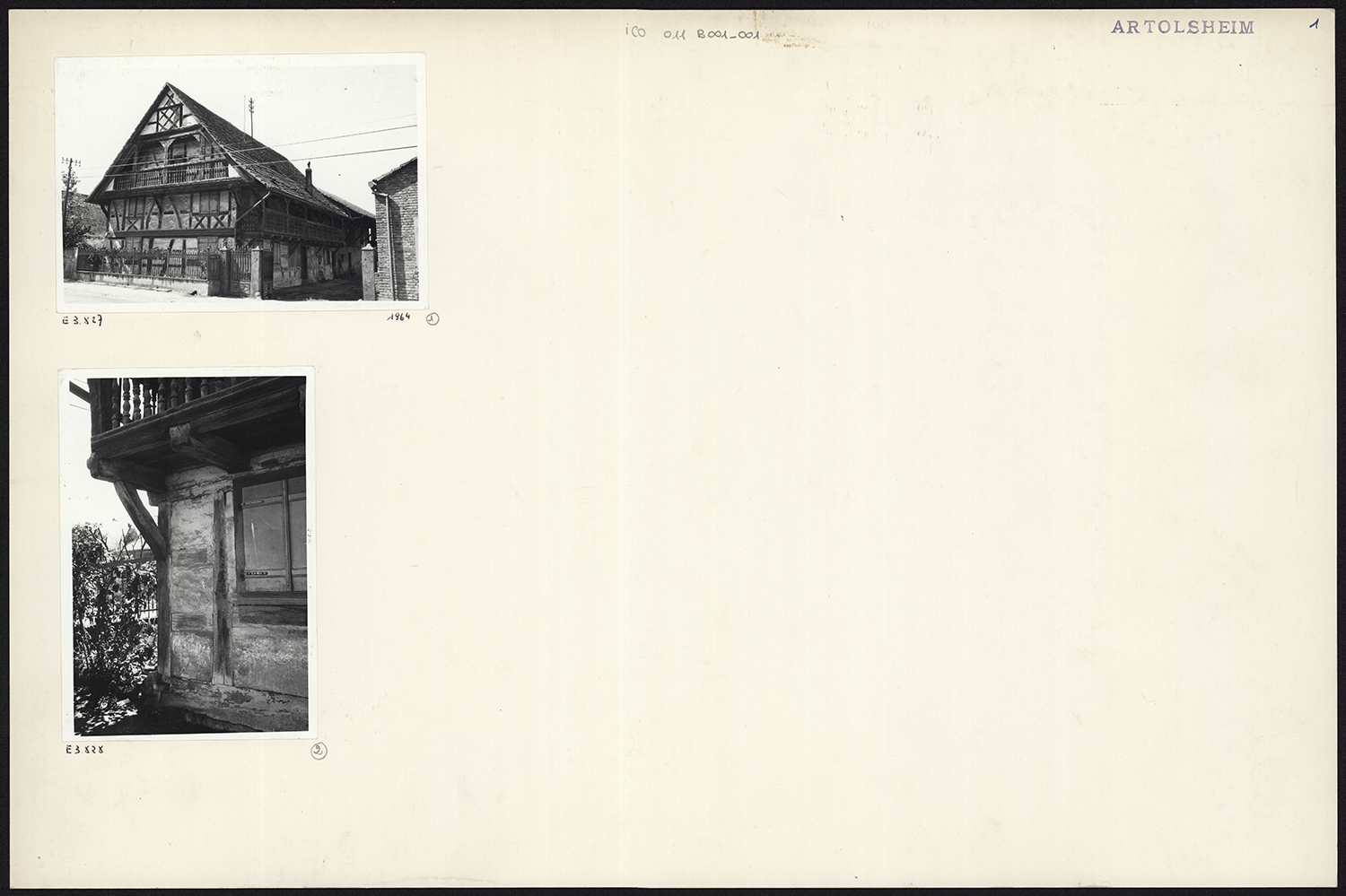 Vue d'ensemble de la façade de la maison côté rue et détail d'un angle de la maison avec sablières et poteau cornier.