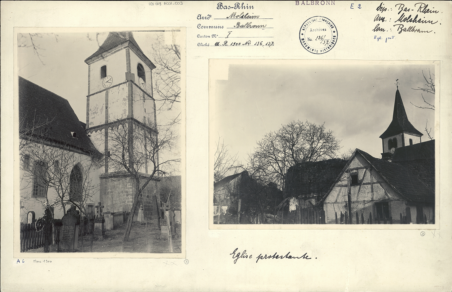 Vue de l'église protestante, du cimetière et du mur d’enceinte.