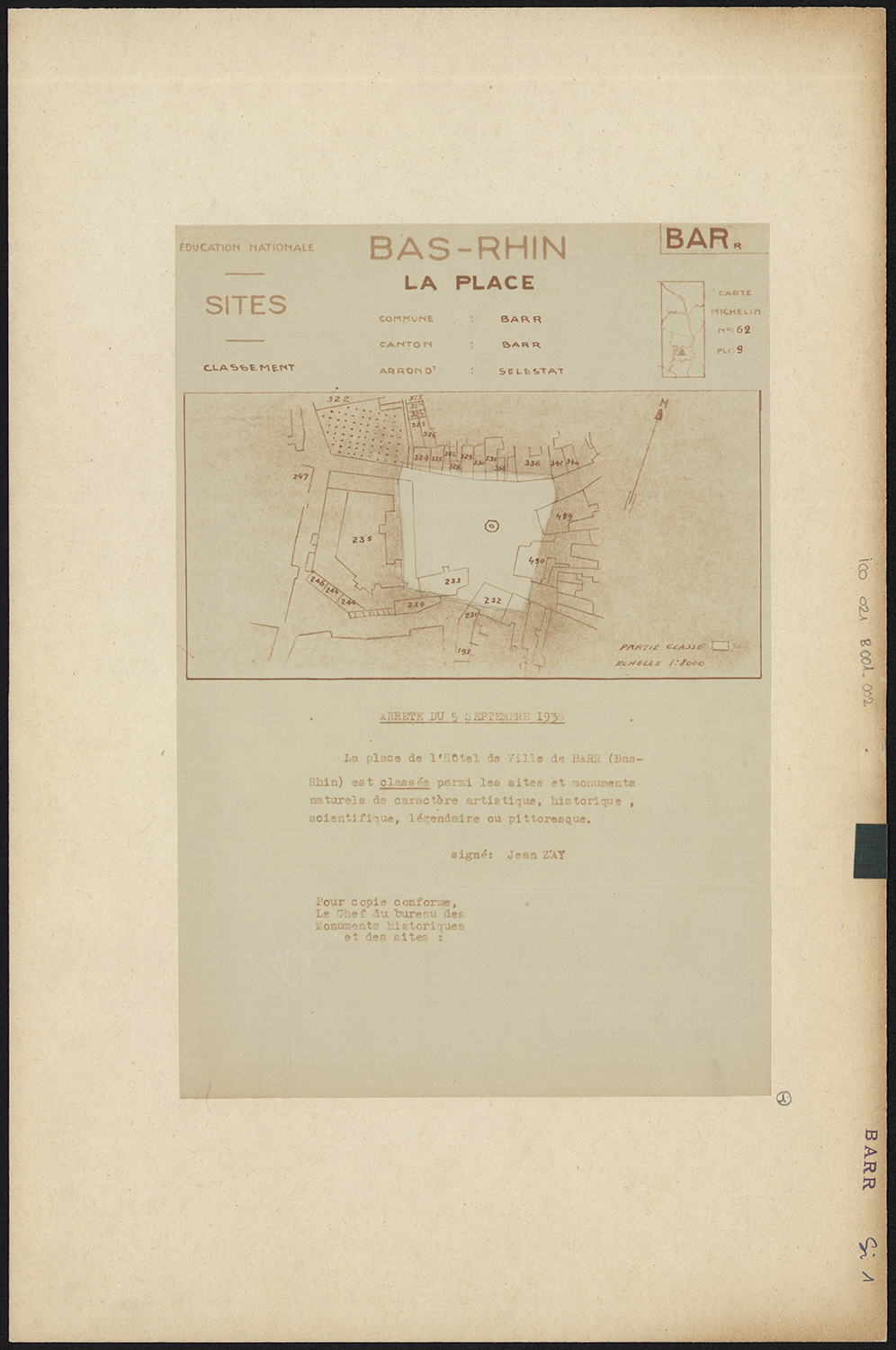 Plan de situation et arrêté de classement du 5 septembre 1936.