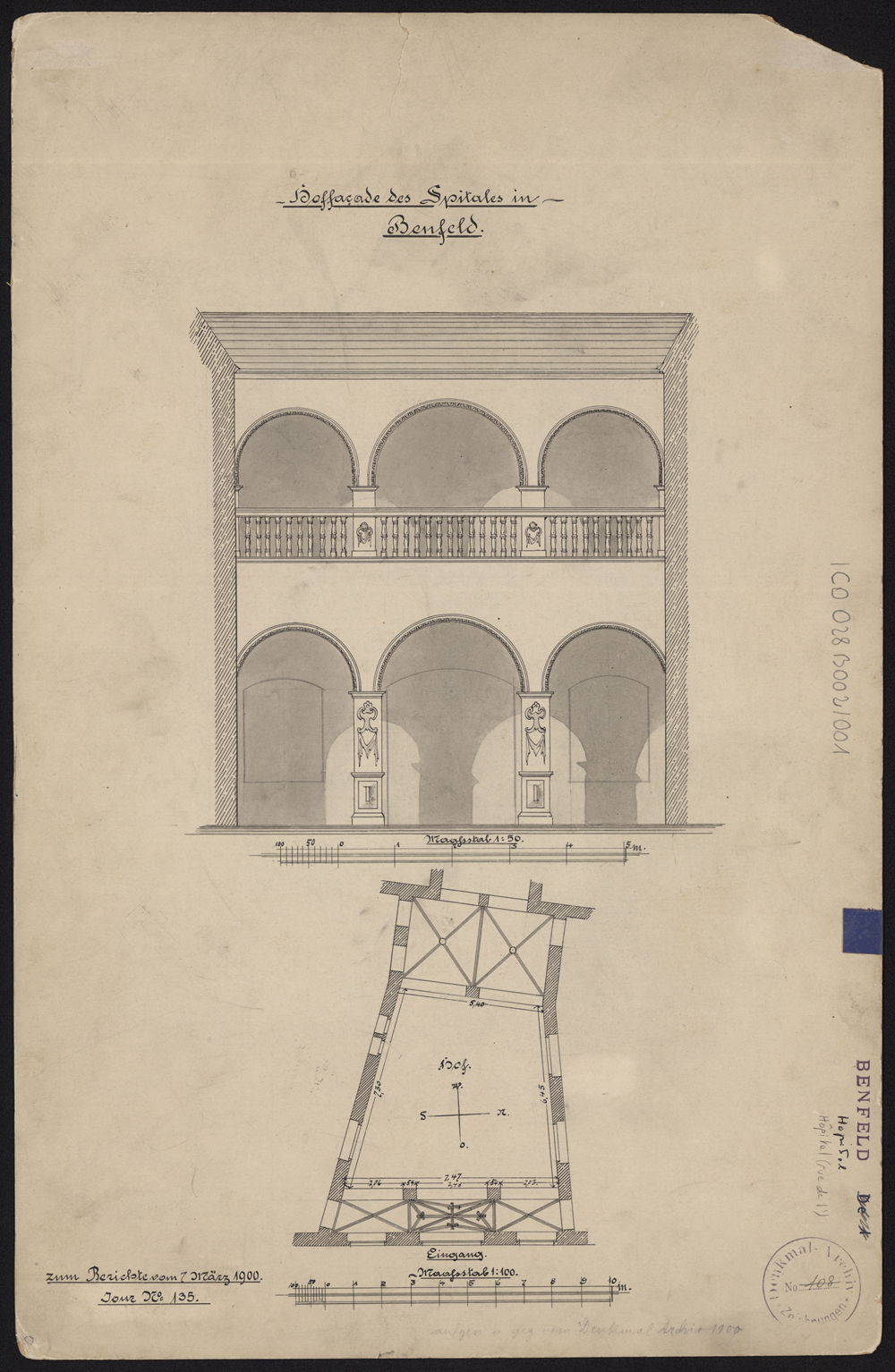 Relevé de la façade sur cour et plan.