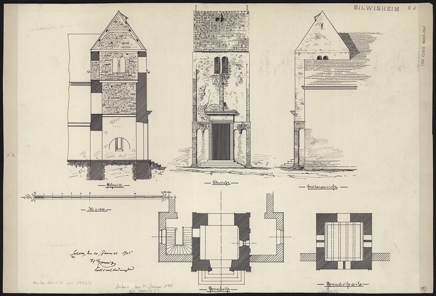 Relevés en plans, coupes et élévation de la tour choeur romane détruite vers 1906.