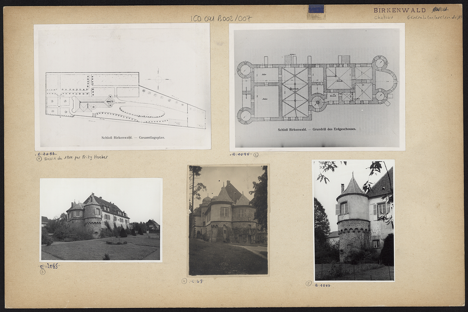 Plan d'ensemble du château et du parc et vues des façades ouest et sud.