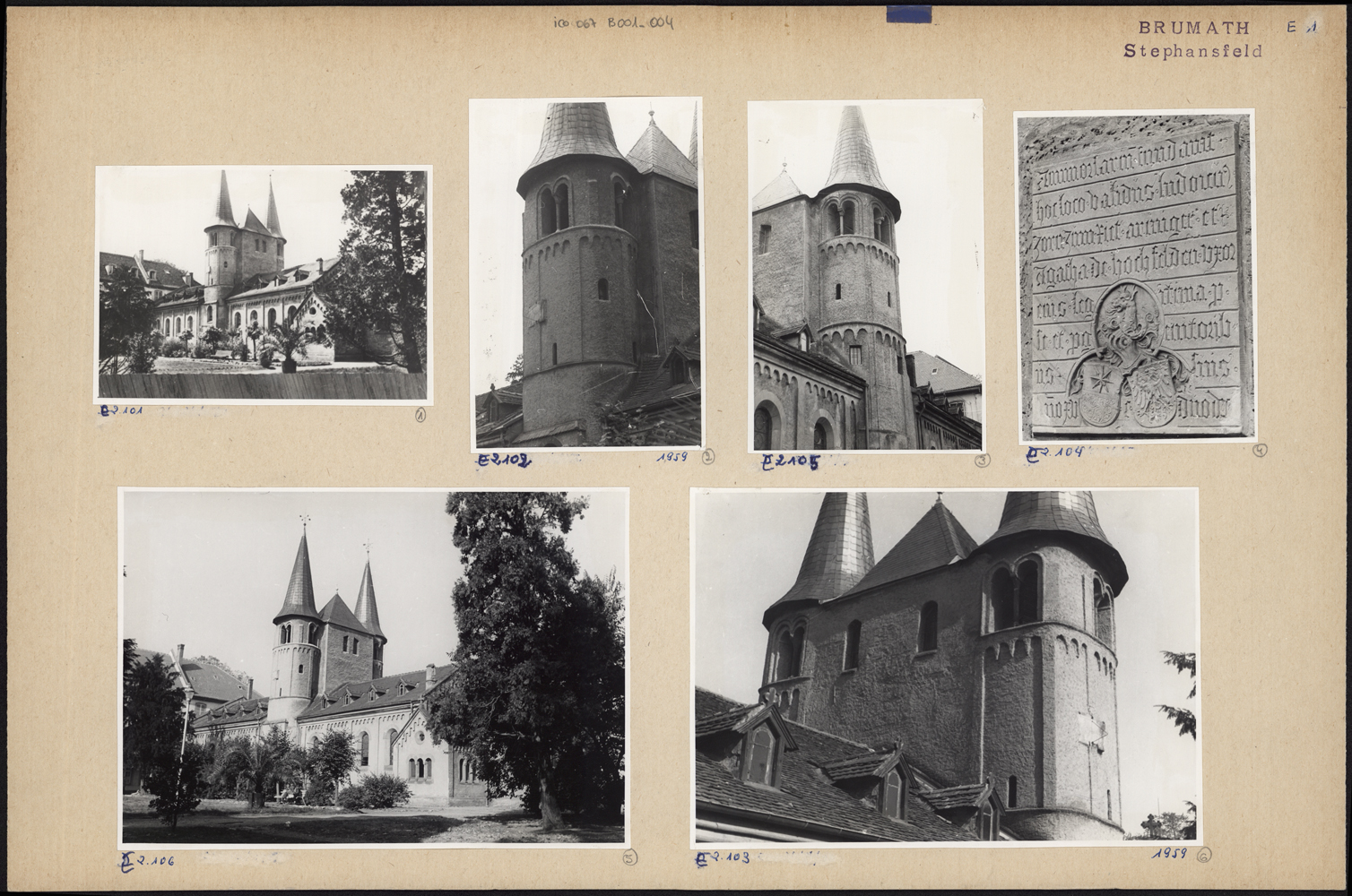 Vues extérieures de l’ancienne église de Stephansfeld, détails des tours et dalle funéraire.