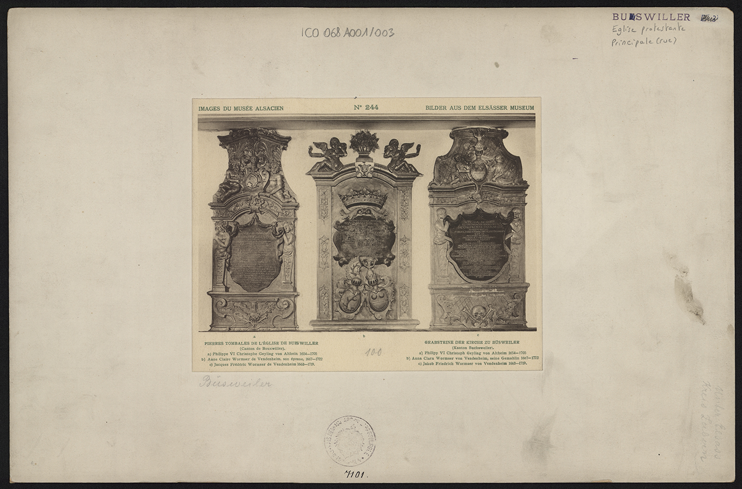 Vues de trois dalles funéraires (Philippe Christophe Gayling d'Altheim, Anne Claire et Jacques Frédéric Wurmser de Vendenheim).